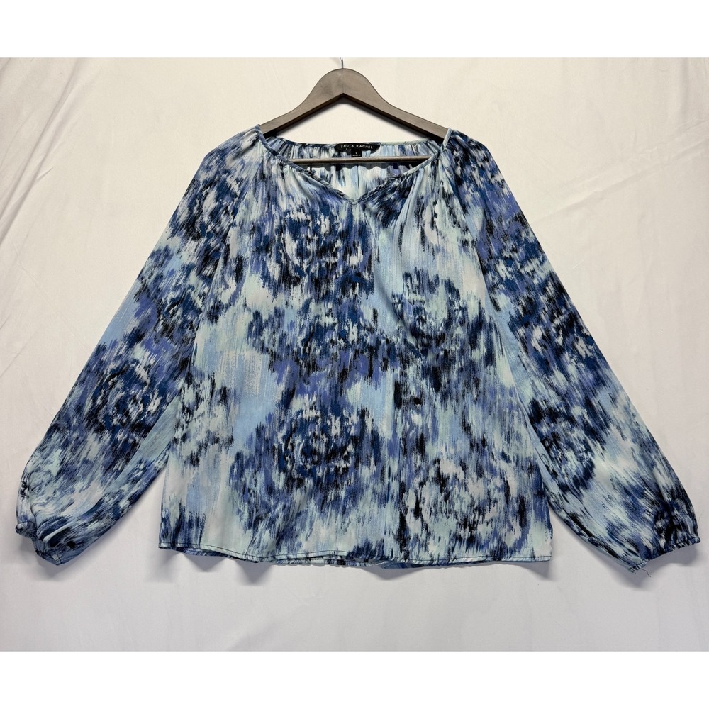 Zac & Rachel Blouse Top Women Large Blue Multicolor Ikat Floral Print V Neck